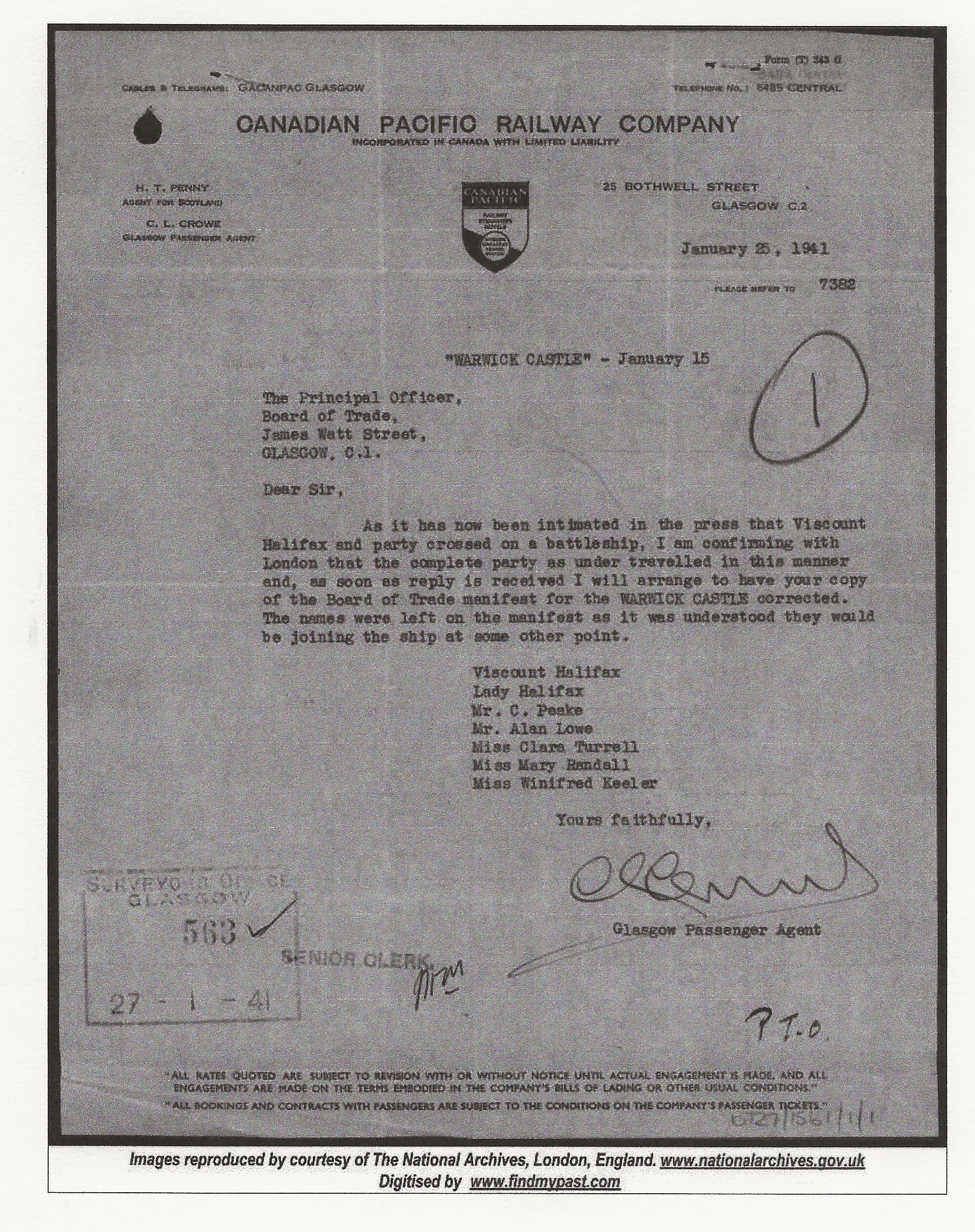 Letter from a Glasgow Passenger Agent to the Principal Officer of the Board of Trade about Viscount Halifax and party sailing to the U.S. aboard a battleship, not the Warwick Castle, and agreeing to change the ship’s manifest, pointing out that they were left on the manifest because they were expected to join the ship at some other point”. Courtesy of the National Archives, London, England.