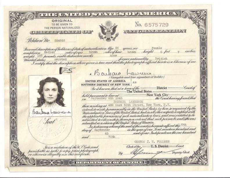 Certificate of Naturalization, September 6, 1945 Used with permission of the National Archives and Records Administration
