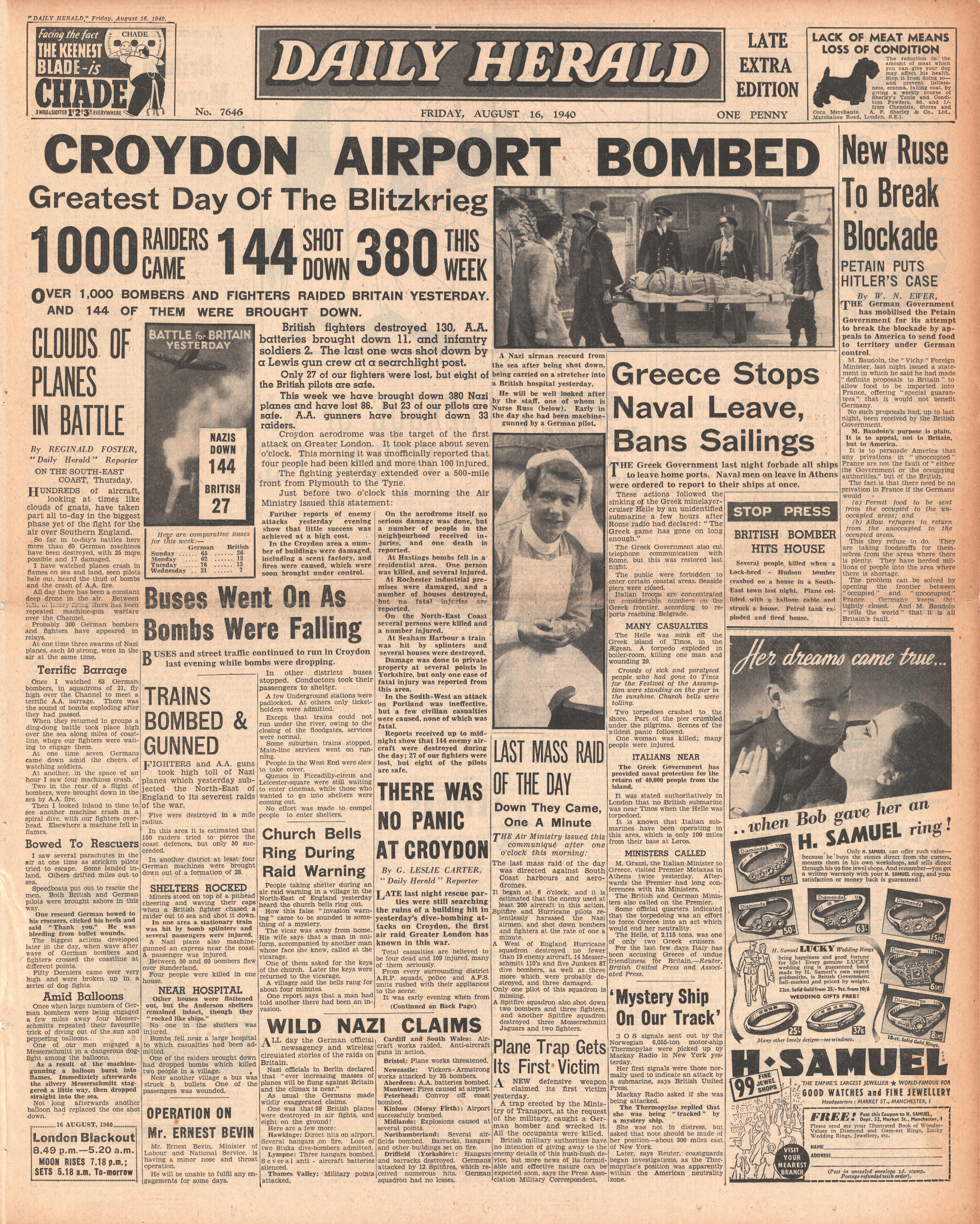 1940 front page Daily Herald Air Raids Over London the South East