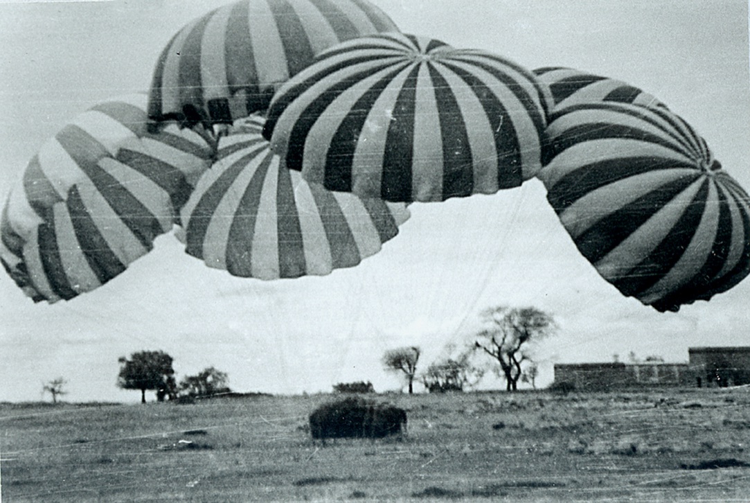A mule being parachuted into Burma Photo by Major D.H. Witherington, courtesy of Dr. Sharon Cregier.