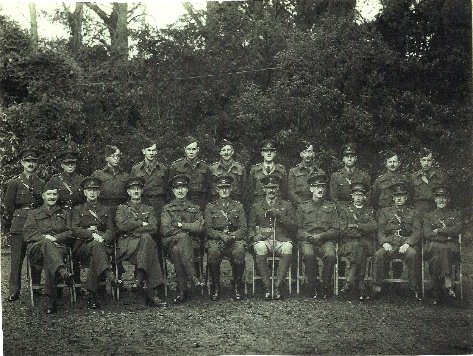 2nd Lt. (A/Captain) R. Kent Green, back row, 5th from the left. Photograph of officers, probably of the 73rd Independent Infantry Brigade, taken in Cornwall after October 1941, when Brigadier General Arnold De Lerisson (seated first row 6th from left) was appointed Commander.  Opie Ltd. Redruth printed on the lower right hand of the cardboard frame to which the photograph is affixed is the name and town of a photography shop in Cornwall at the time.   Colonel (ret.) Martyn Cubitt identified Brigadier Cazenove, and the date on which he assumed command of the 73rd BDE and Becks Skinner, then an Assistant Curator at the Airborne Assault Museum, and Martin Jones, Photographic Officer with the Ministry of Defence, Winterbourne Gunner, helped identify other men in the photograph.  Photograph In author's collection.