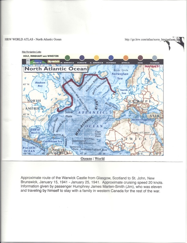 Approximate map of the Warwick Castle’s transatlantic trip by passenger Humphrey Marten-Smith.   Courtesy of H. James Marten-Smith.