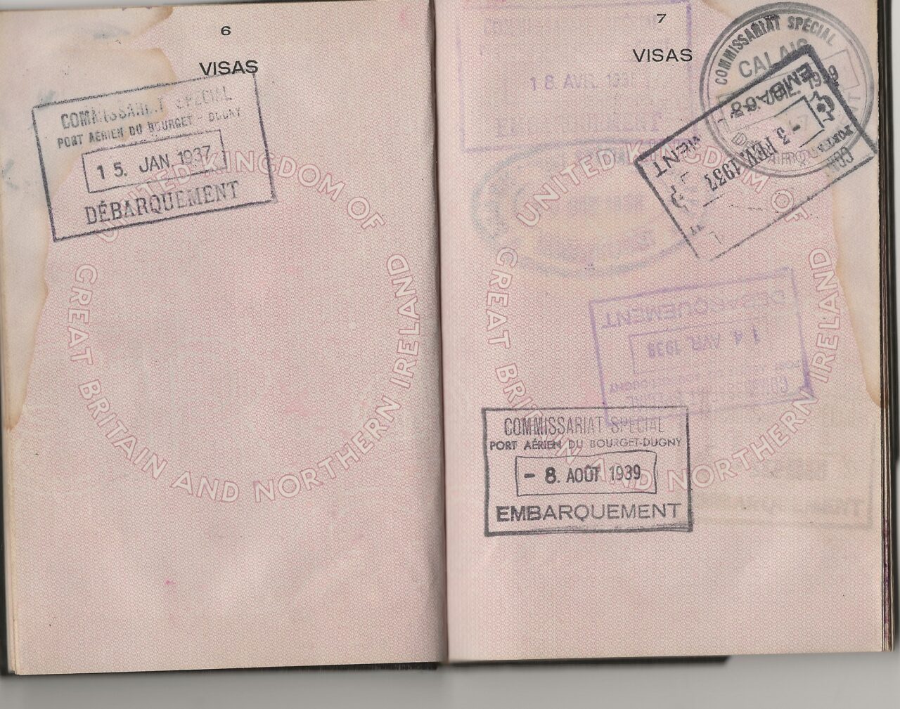 Passport: The Stamp above upper right, showing that Miss barbara M.K. Greene entered Calais on 29 July 1939, was placed over a stamp dated 3 February 1937.  Specialist Alexandra Genova digitally extracted the 1939 stamp.  The stamp for Barbara Green’s “embarquement” on 8 August 1939 is on the lower left of the passport page.