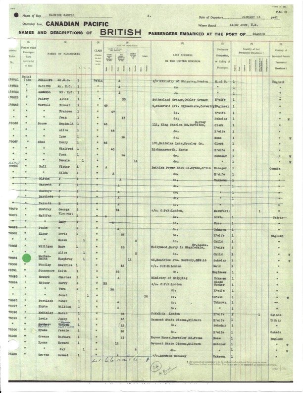 Passenger list: Warwick Castle, 15 January 1941.  Barbara Greene’s name appears in the middle of the names of the Hyams part, with which she travelled.  Lord Halifax and his part are also listed.  Joe Keefe, Archives Specialist. NARA, explained that proximity on the Passenger List also indicated proximity of cabins.   Document available with permission of the National Archives, Kew.