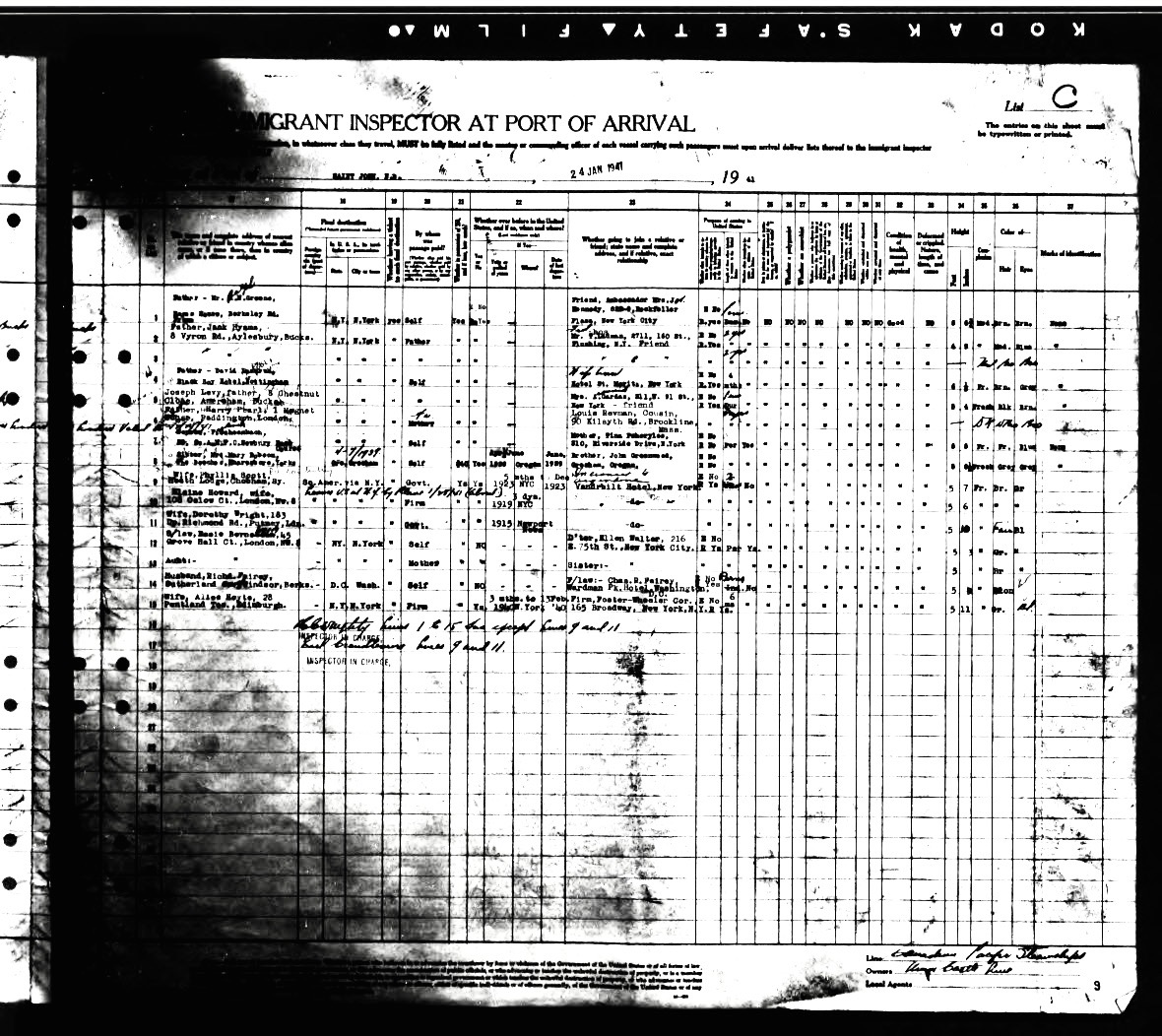 Manifest of Alien Passengers for the United States. On the first line of the first page, there is the following notation:  Friend Ambassador Mrs. Joe(crossed out) Kennedy, 6…( 3 numbers illegible) Rockefeller Plaza, New York City. Courtesy of NARA