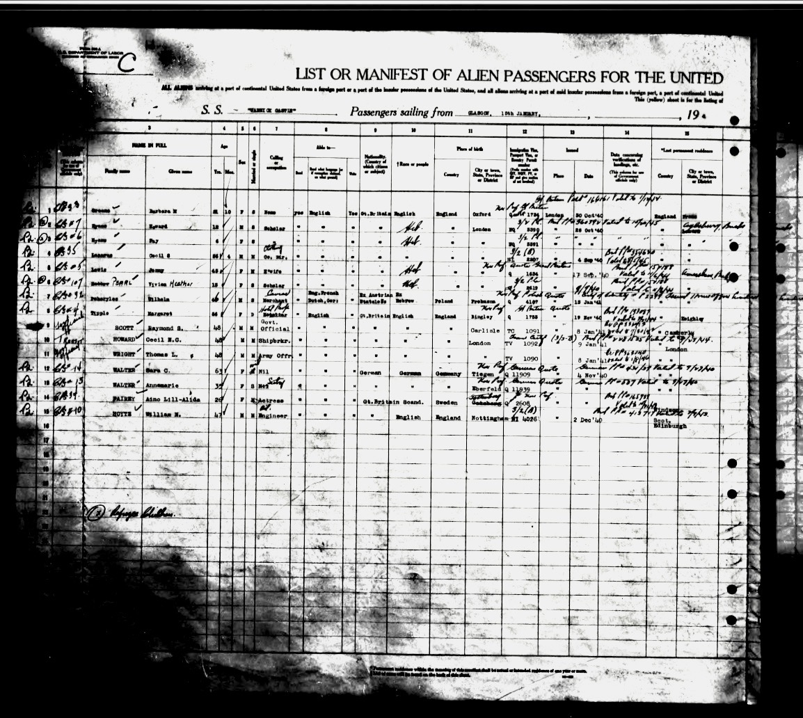 Manifest of Alien Passengers for the United States. On the first line of the first page, there is the following notation:  Friend Ambassador Mrs. Joe(crossed out) Kennedy, 6…( 3 numbers illegible) Rockefeller Plaza, New York City. Courtesy of NARA