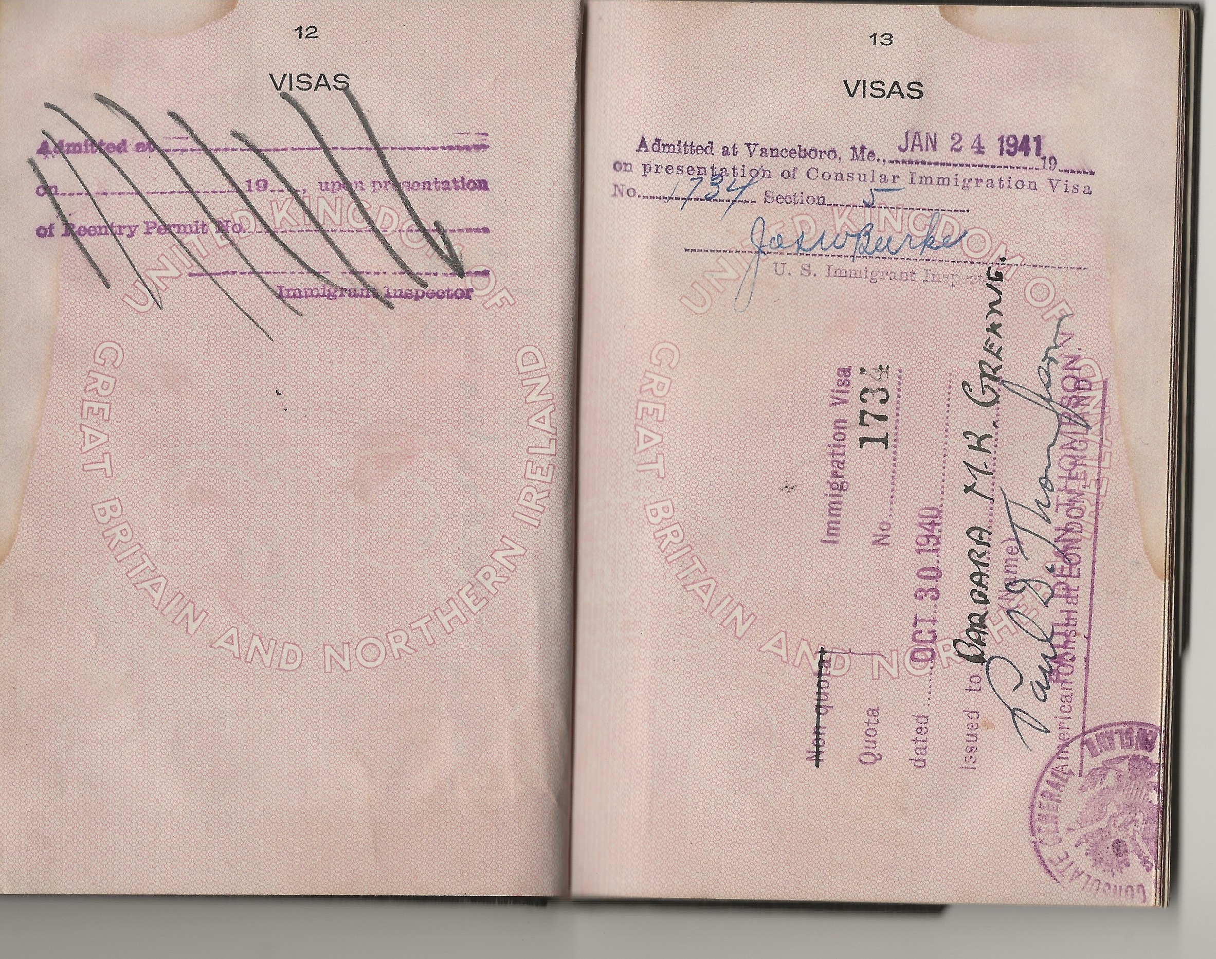 Upper stamp shows arrival in the United States of Barbara M. K. Greene through Vanceboro, Maine, January 24, 1941.  Lower stamp was made on 30 October 1940 just after Ambassador Kennedy left Great Britain, and signed by Vice Consul Paul Dean Thompson. With permission for his Majesty’s Passport Office.