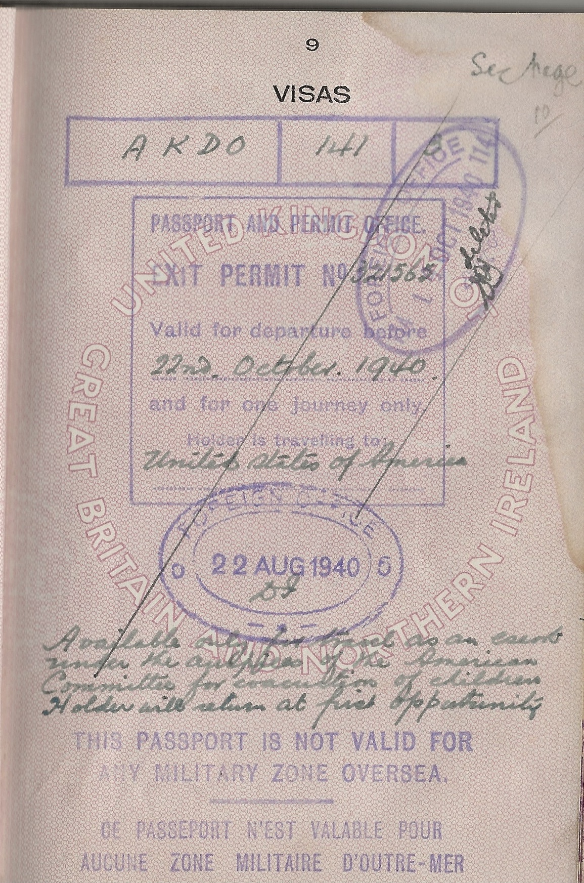 Barbara Mary Kent Greene passport pages With permission from his Majesty’s Passport Office  Note: Exit permit: “Available only for travel as an escort under the auspices of the AmericanCommittee for Evacuation of Children."