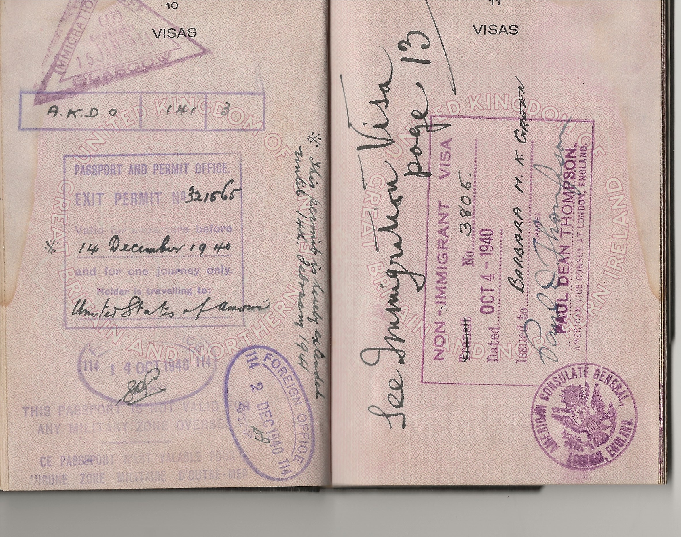 Left side: Exit permit extended on 14 December 1940 to 14 February 1941 after approval by the Foreign Office on 2 December 1940.  Right side: Permission for non-immigrant Visa from the American Consulate General, 4 October 1940, signed just before Ambassador Kennedy left Great Britain,.