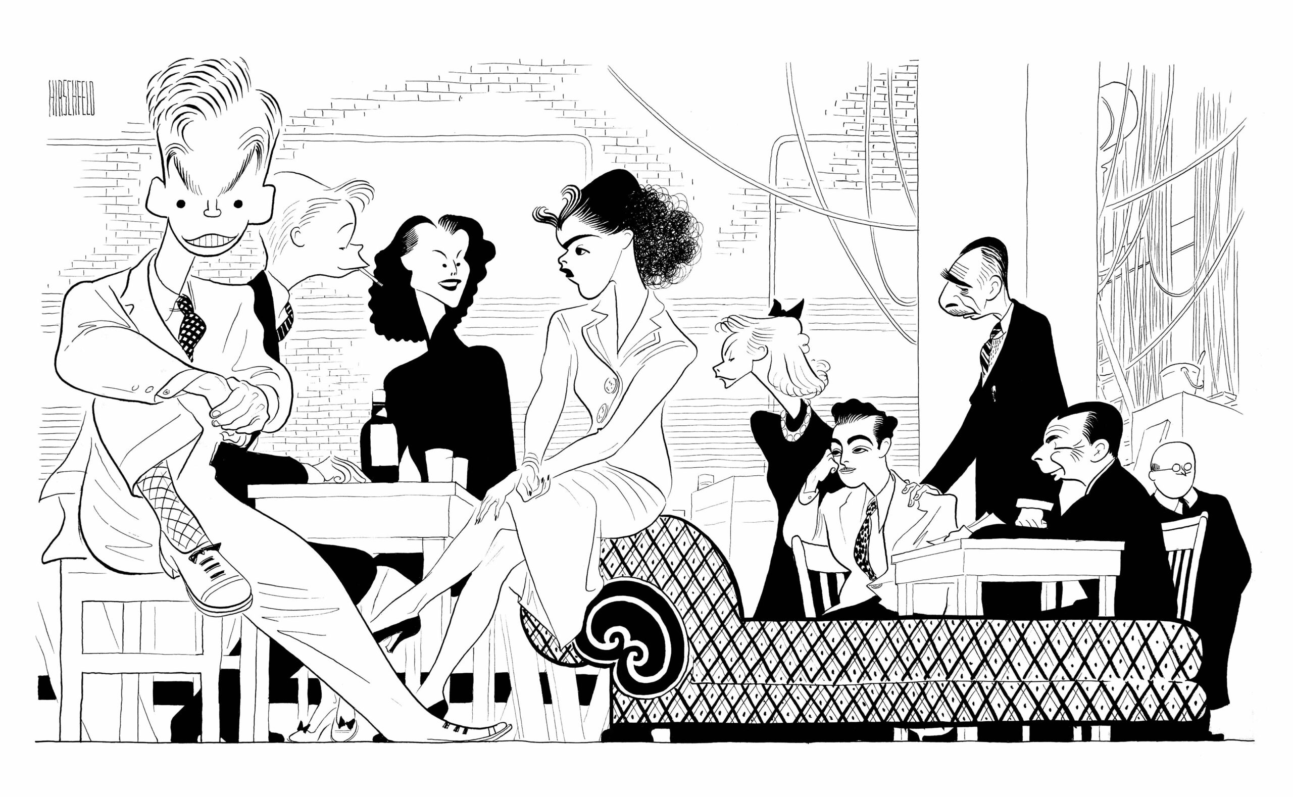 Drawing for The New York Times by Al Hirschfeld of the cast of Happy Days, including Barbara Kent, third from left. With permission from (c)  Al Hirschfeld Foundation.