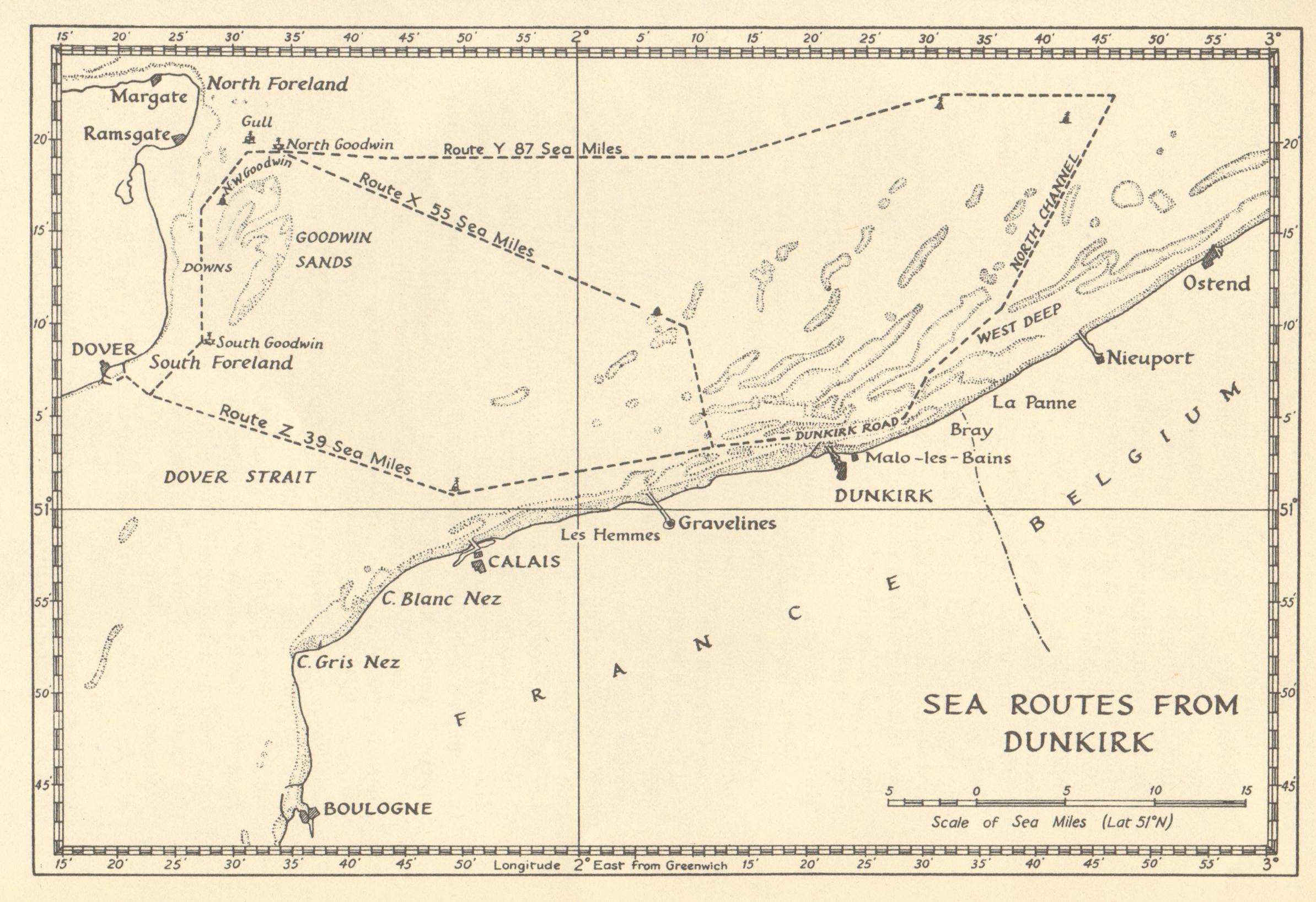 Dunkirk evacuation 1940.  Sea routes from Dunkirk.  Fall of France, WWII, 1953 map.  Antiques Print Gallery/Alamy Stock Photo