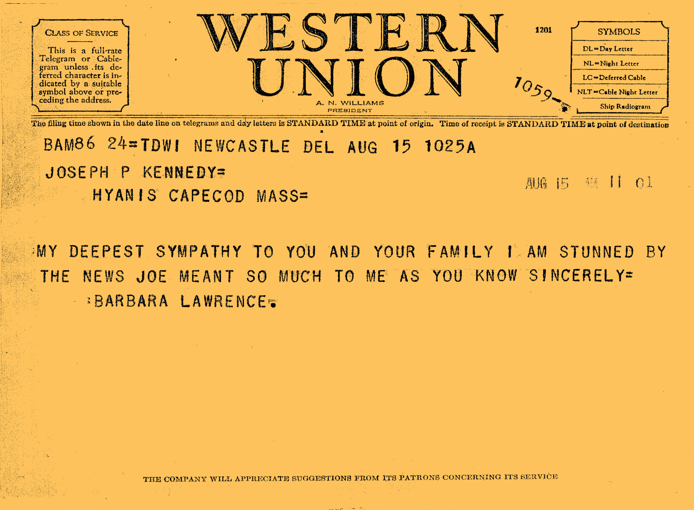 Western Union Telegram from Barbara Greene Lawrence to Ambassador Joseph P. Kennedy With permission from the John F. Kennedy Library through Stephen Plotkin Archivist (retired).