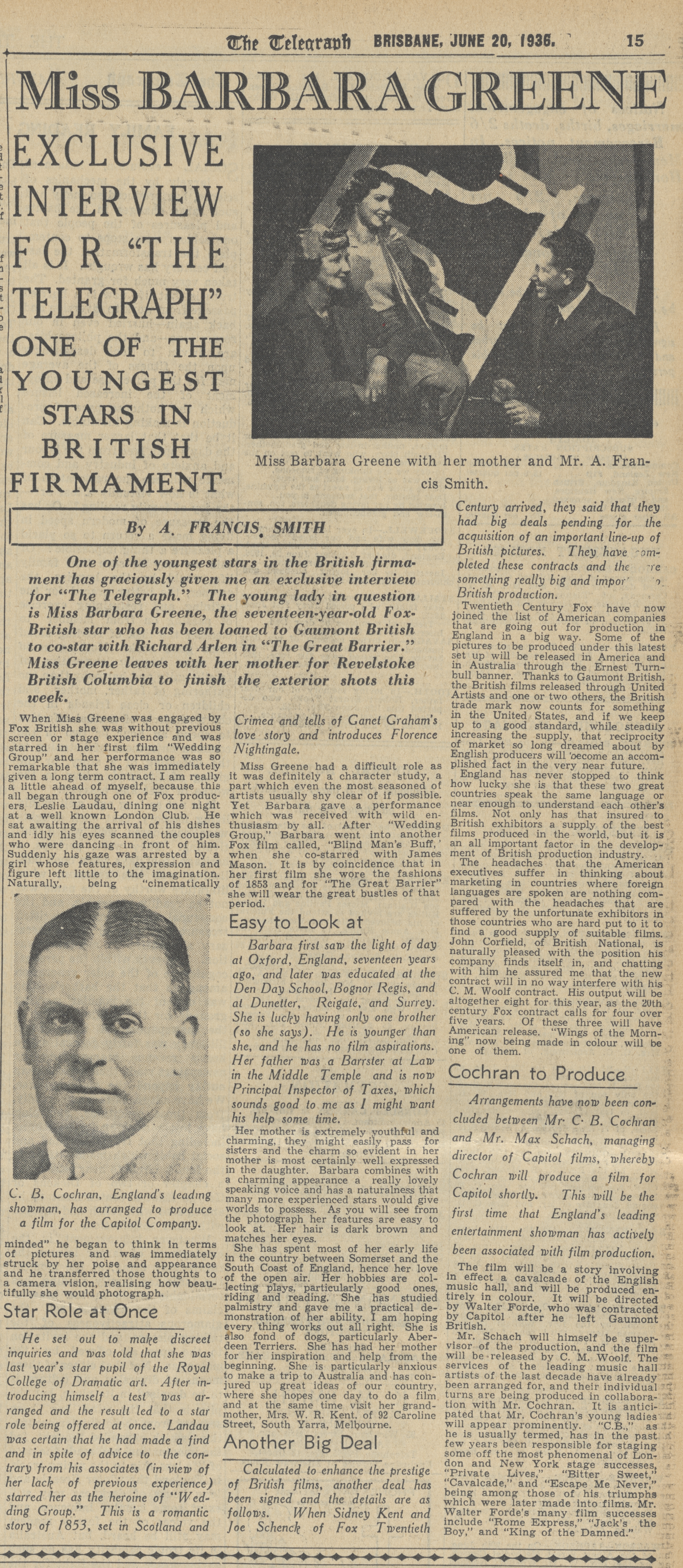 “Miss Barbara Greene: One of the Youngest Stars in British Firmament,” The Telegraph,  Brisbane, June 20, 1936, A. Francis Smith.  With permission of the National Library of Australia.